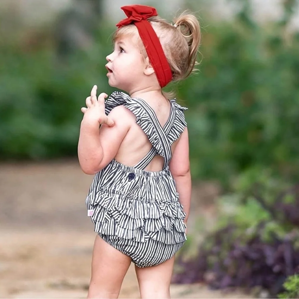 NWT Ruffle Butts Bella Aqua Blue Stripe Bubble Romper W/ Headband Sz 6-12M